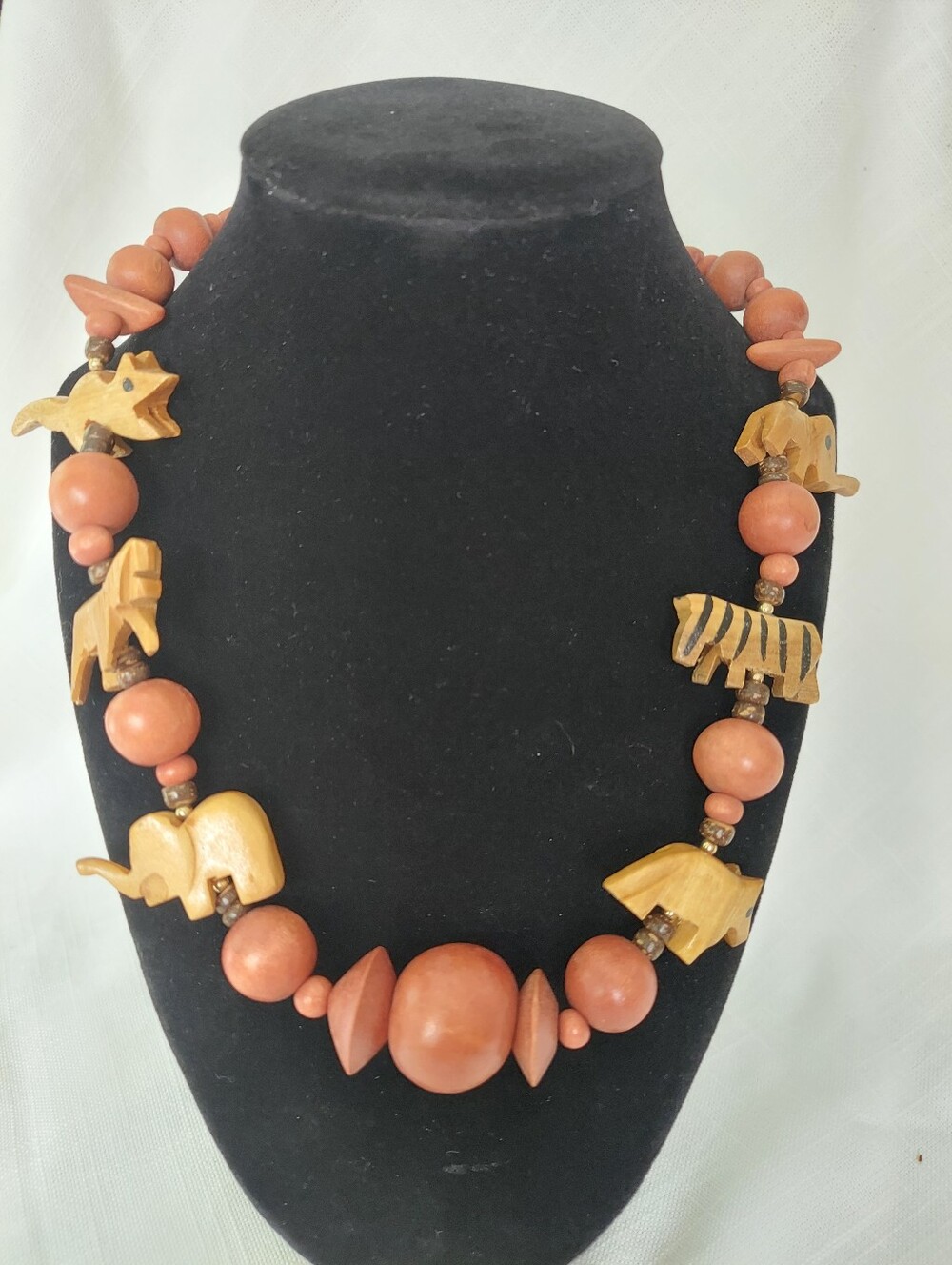 Hand-Carved African Wooden Elephant & Animal Necklace - Terracotta Brown 28"